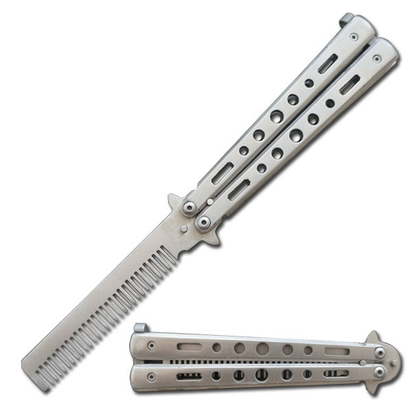 Practice Silver Metal Butterfly Trainer Knife Blade Comb Brush - TOPHATTER'S ARMORY DEALS Collectible Weapons - Tophatter Daily Deals