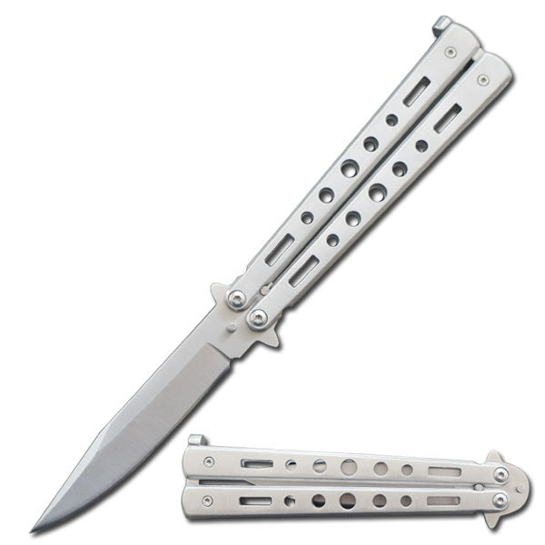 5" Closed Length Heavy Duty Night Echo Butterfly Knife Silver - Tophatter's Guns'N'Weapons Store Collectible Weapons - Tophatter Daily Deals