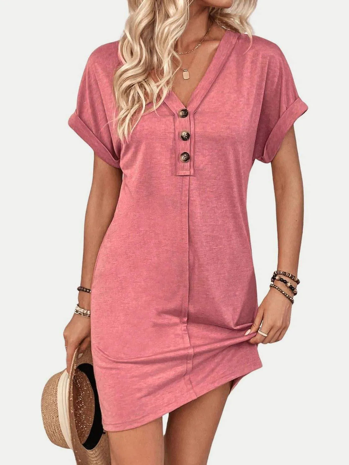 Quarter Button V-Neck Short Sleeve Dress Casual Dresses - Tophatter Daily Deals