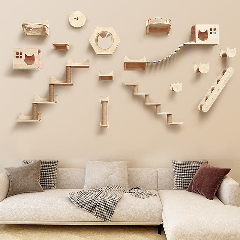 Pet Cat Climbing Frame Wall Type Solid Wood Wall Hanging Platform Ladder Pets Accessories Pet Supplies - Tophatter Daily Deals