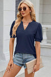 Eyelet Notched Puff Sleeve T-Shirt Navy Women's T-Shirts - Tophatter Daily Deals