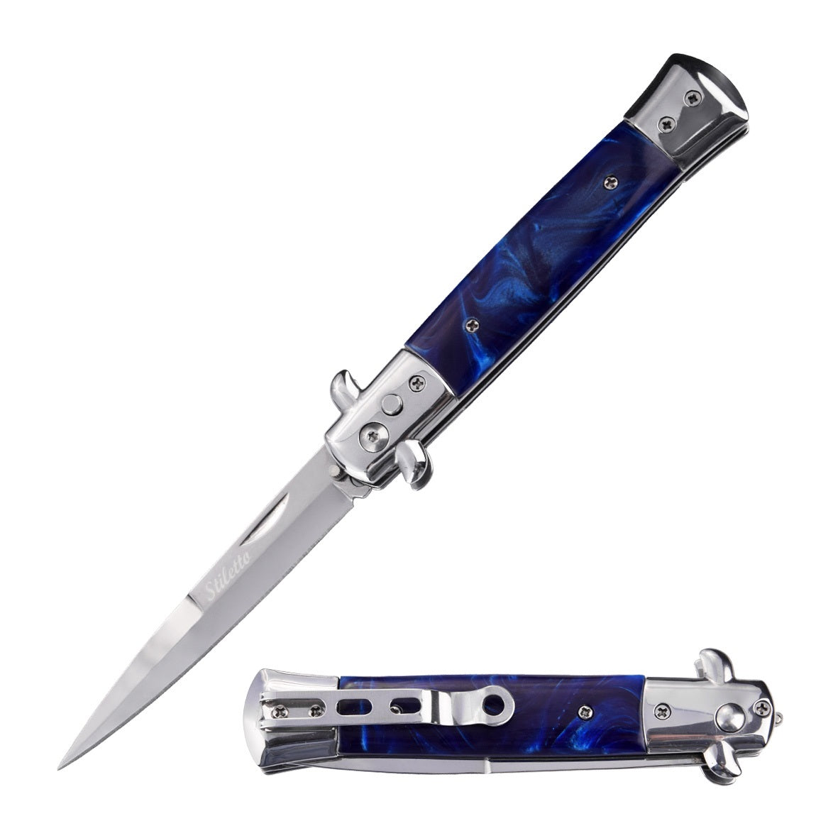 5" Closed Classic Stiletto Automatic Knife - Blue Pearl Handle - Tophatter's Guns'N'Weapons Store Collectible Weapons - Tophatter Daily Deals