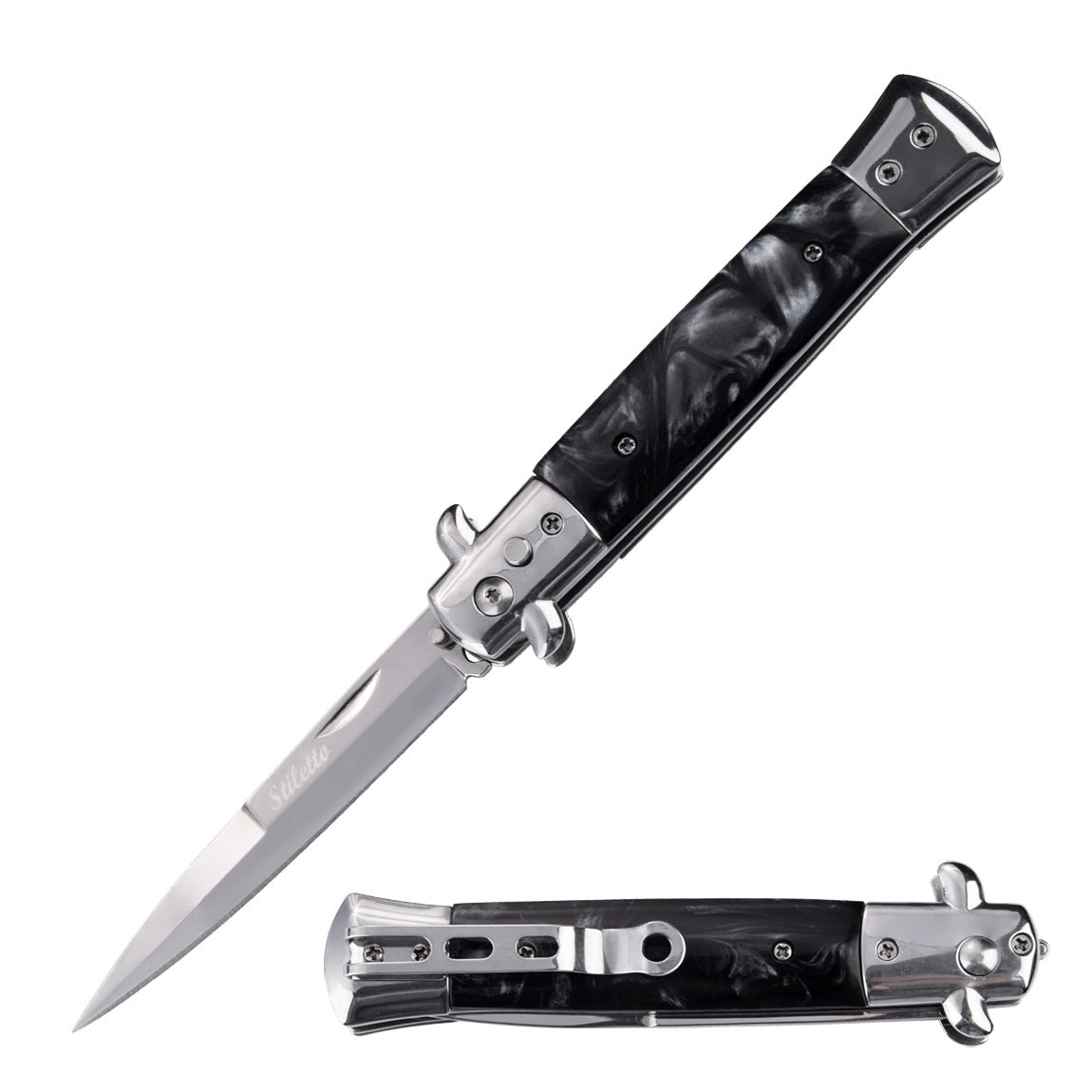 5" Closed Classic Stiletto Automatic Knife - Black Pearl Handle Collectible Weapons - Tophatter Daily Deals