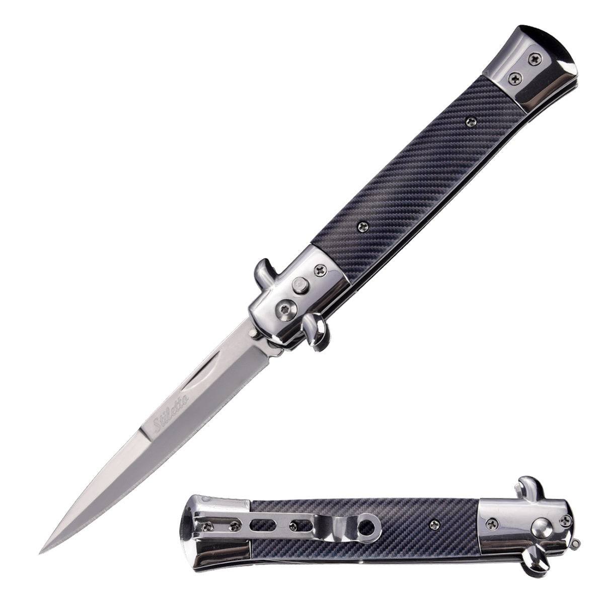 5" Closed Classic Stiletto Automatic Switch Blade Knife - Carbon Fiber Collectible Weapons - Tophatter Daily Deals