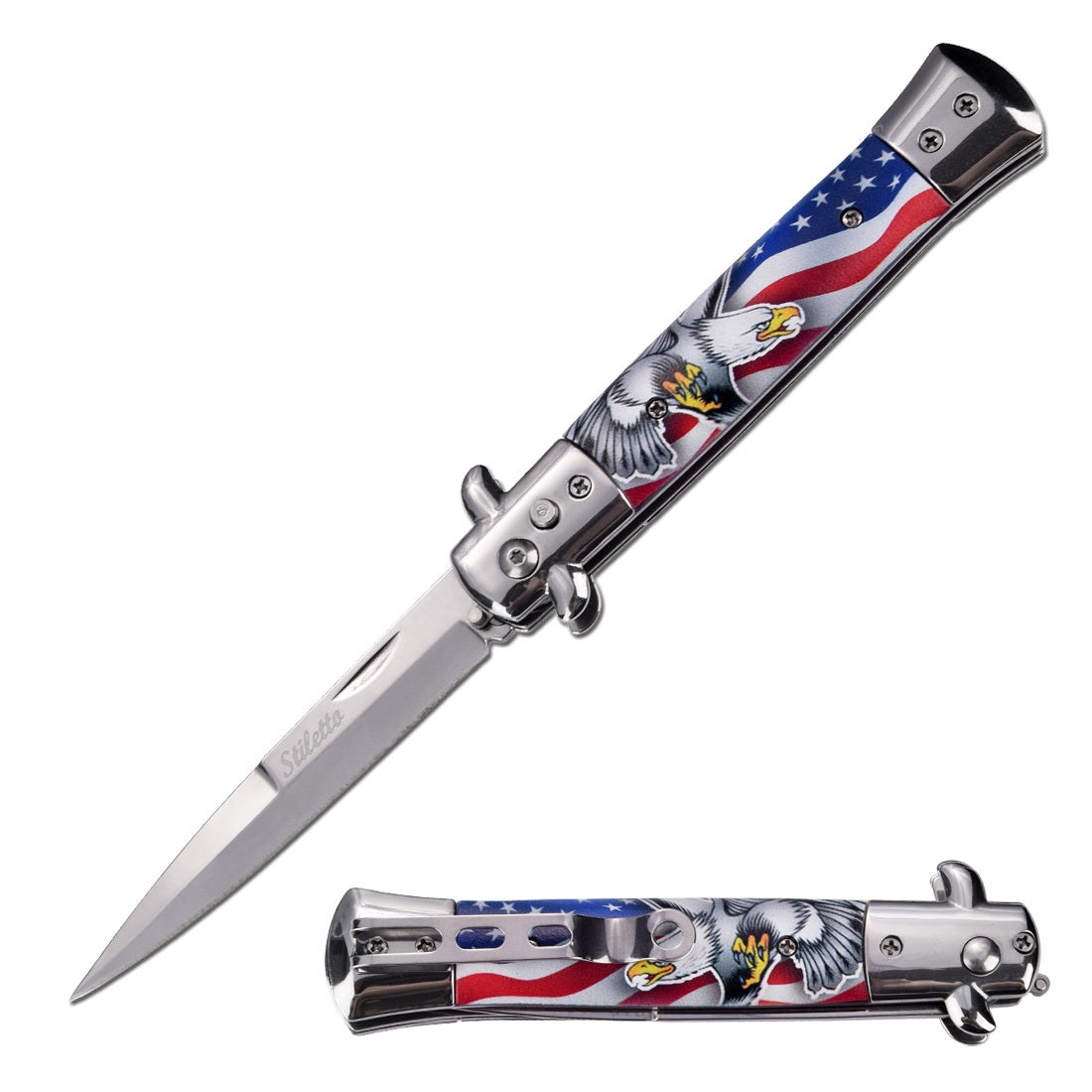 5" Closed Classic Stiletto Automatic Switch Blade Knife - American Eagle - Tophatter's Inc. Weapons Store Online Collectible Weapons - Tophatter Daily Deals