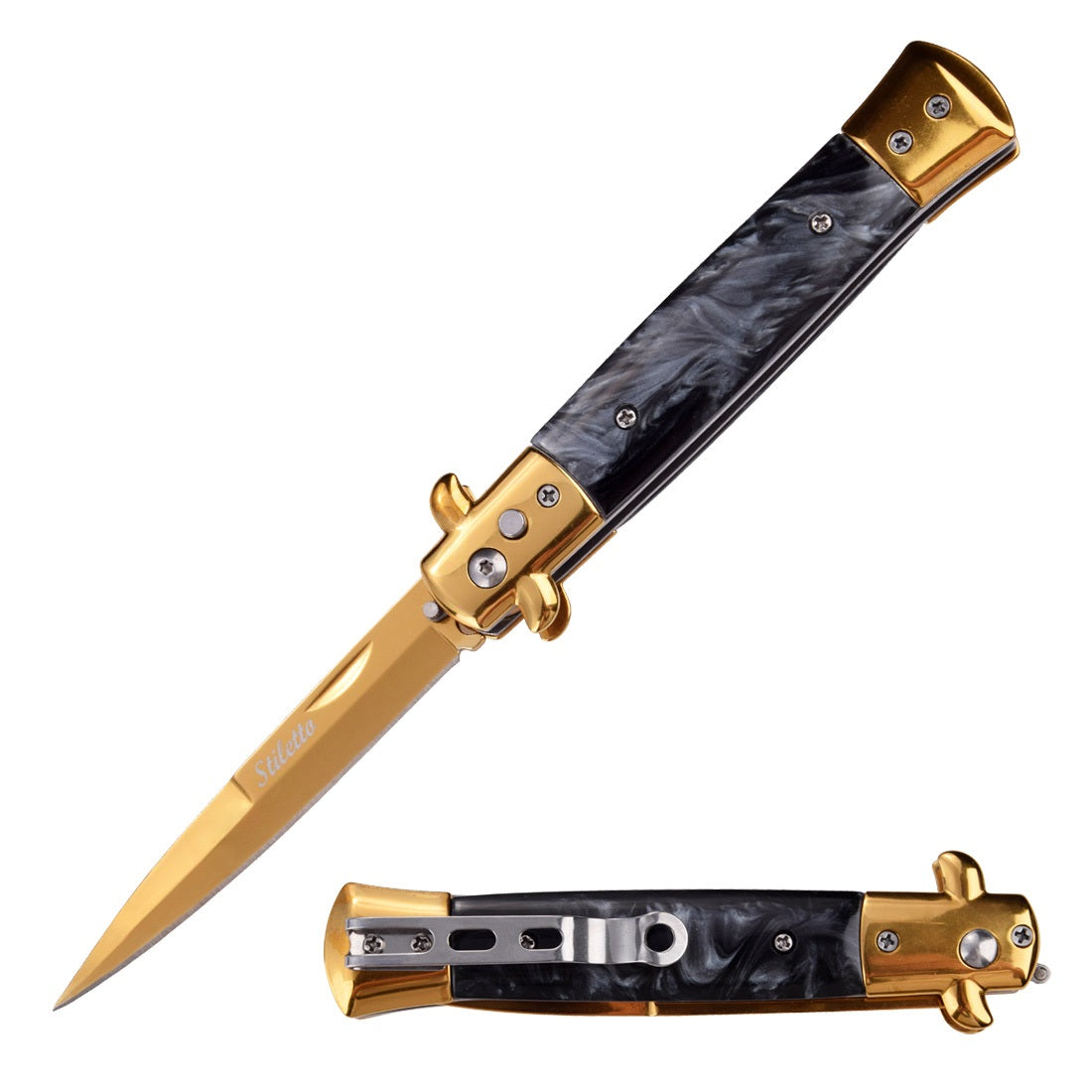 5" Closed Classic Stiletto Automatic Switch Blade Knife - Gold Collectible Weapons - Tophatter Daily Deals