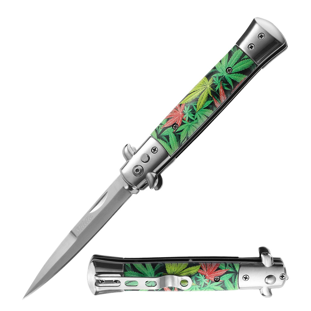 5" Closed Classic Stiletto Automatic Switch Blade Knife - Cannabis Marijuana - TOPHATTER'S ARMORY DEALS Collectible Weapons - Tophatter Daily Deals