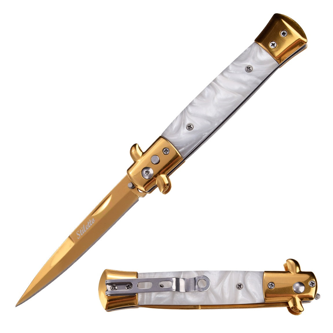 Classic Golden Stiletto Automatic Switch Blade Knife - White Pearl Handle - Tophatter's Guns'N'Weapons Store Collectible Weapons - Tophatter Daily Deals