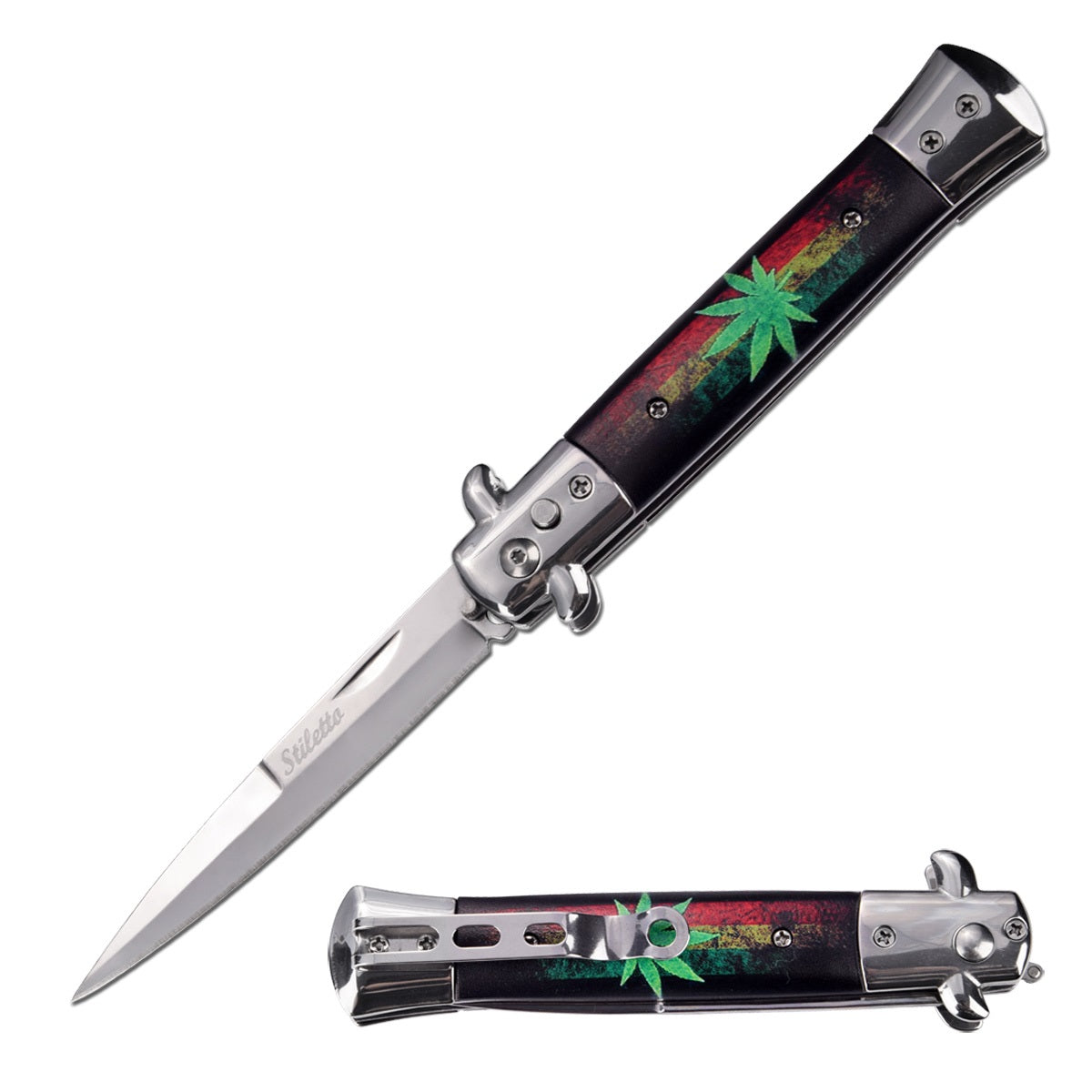 5" Closed Classic Stiletto Automatic Switch Blade Knife - Marijuana - Tophatter's Guns'N'Weapons Store - FREE SHIPPING Collectible Weapons - Tophatter Daily Deals