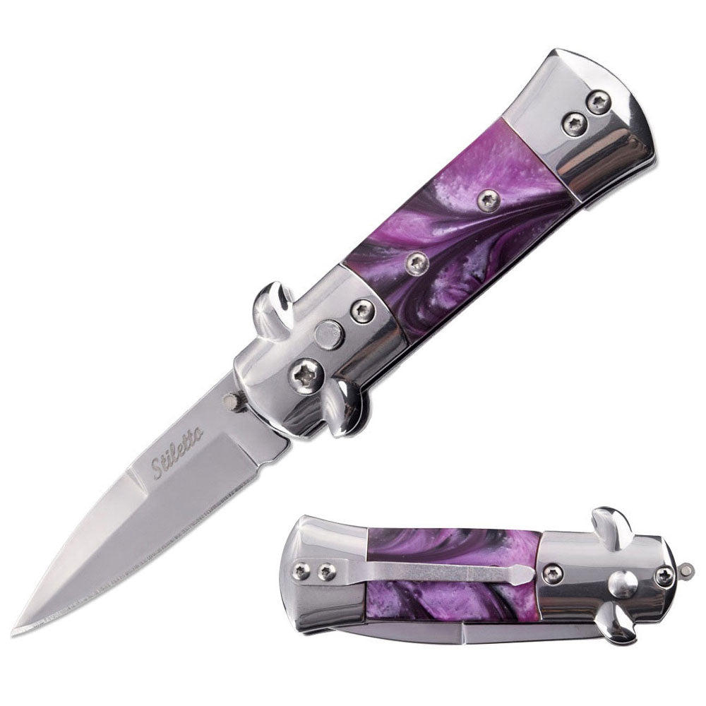 5.65" Mini Stiletto Switch Blade Automatic Knife - Purple Pearl Handle Collectible Weapons - Tophatter Daily Deals