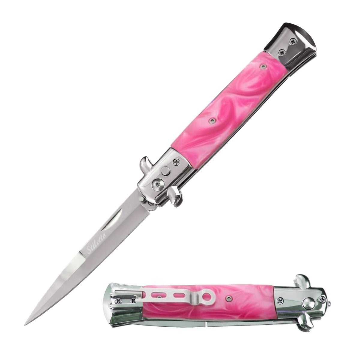 5" Closed Classic Stiletto Automatic Knife - Pink Pearl Handle Collectible Weapons - Tophatter Daily Deals