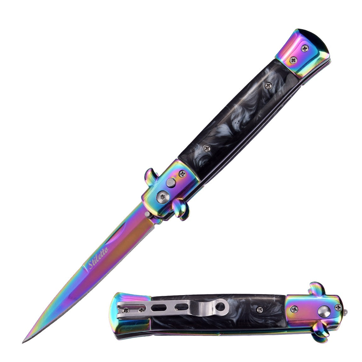 5" Closed Classic Stiletto Automatic Switch Blade Knife - Titanium Rainbow Collectible Weapons - Tophatter Daily Deals