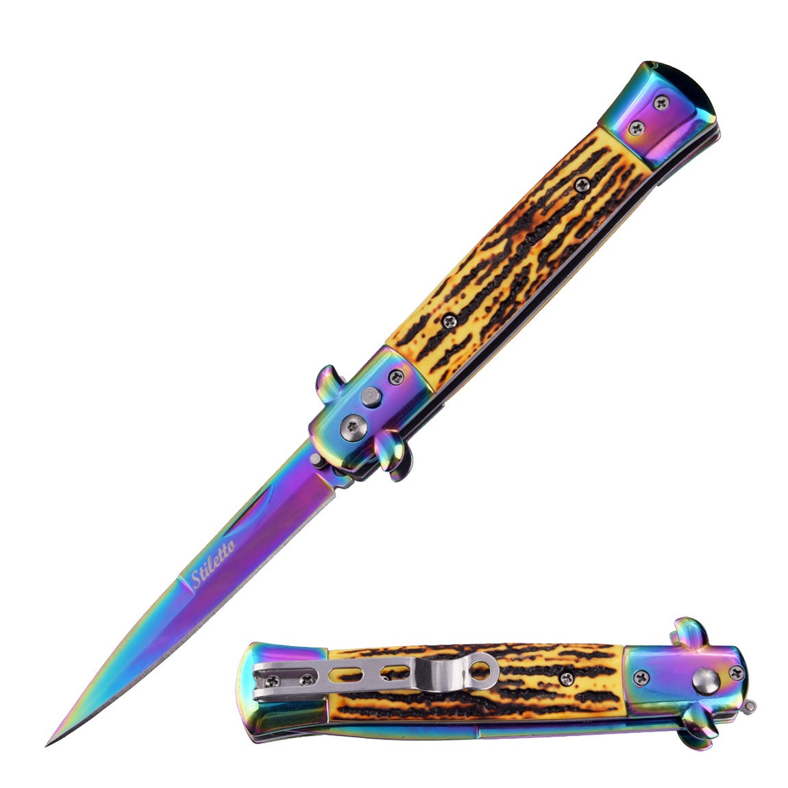 Classic Rainbow Stiletto Automatic Switch Blade Knife - Bone Handle Collectible Weapons - Tophatter Daily Deals