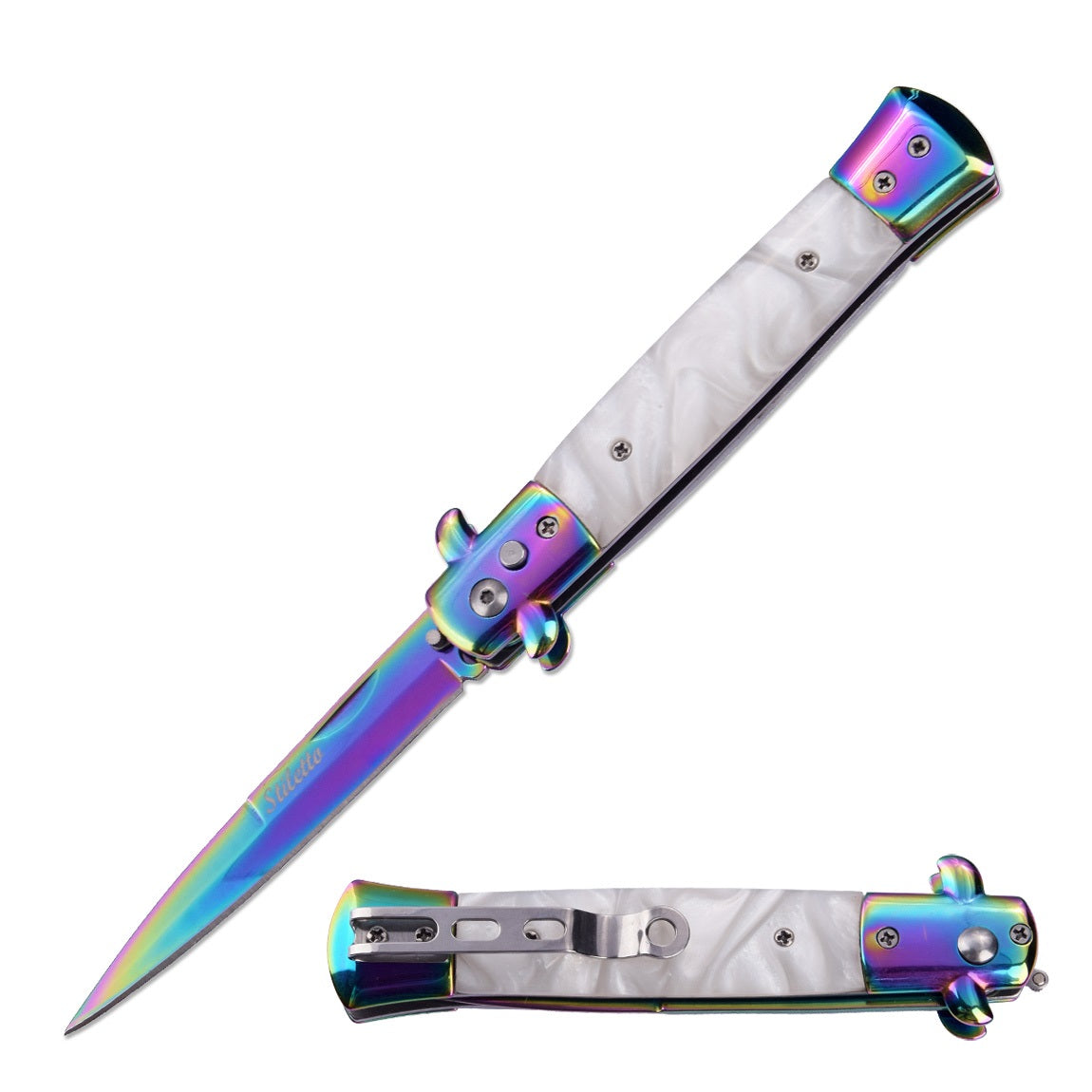 5" Closed Classic Stiletto Automatic Switch Blade Knife - Mother Of Pearl Collectible Weapons - Tophatter Daily Deals