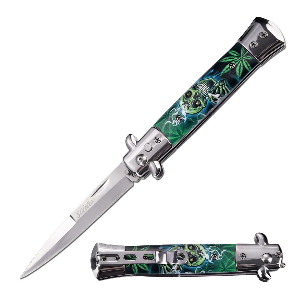 5" Closed Classic Stiletto Automatic Switch Blade Knife - Skull Cannabis Leaf - Tophatter's Guns'N'Weapons Store Collectible Weapons - Tophatter Daily Deals