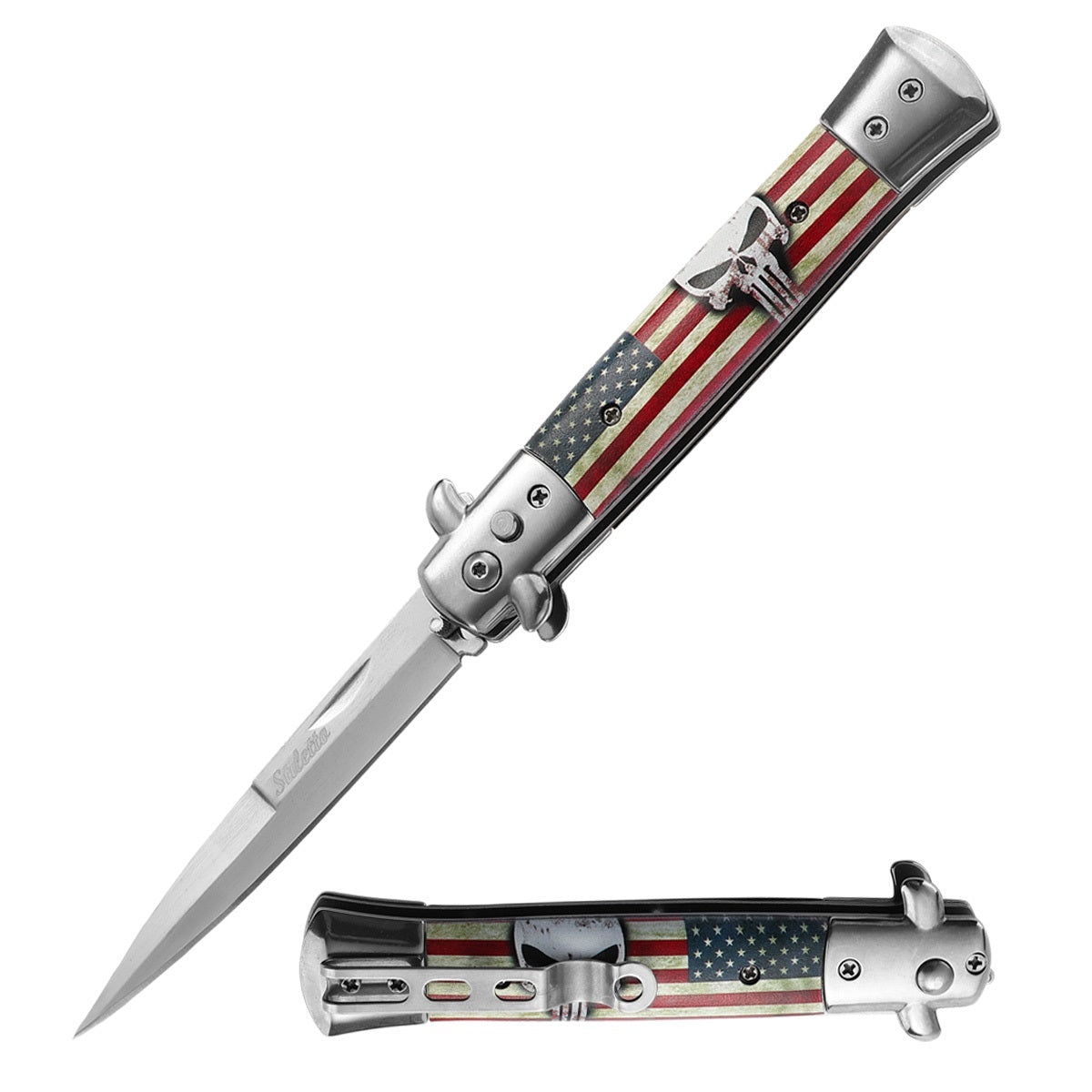5" Closed Classic Stiletto Automatic Switch Blade Knife - American Skull - Tophatter's Guns'N'Weapons Store Collectible Weapons - Tophatter Daily Deals