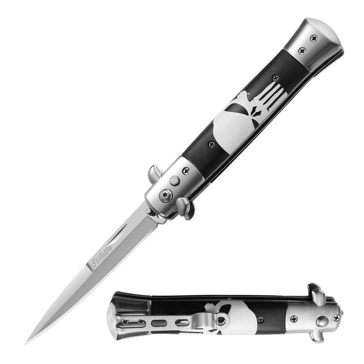 5" Closed Classic Stiletto Automatic Switch Blade Knife - Skull Punisher - Tophatter's Guns'N'Weapons Store Collectible Weapons - Tophatter Daily Deals