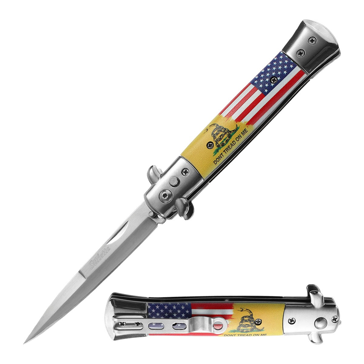 5" Closed Classic Stiletto Automatic Switch Blade Knife - Dont Tread On Me - Tophatter's Guns'N'Weapons Store Collectible Weapons - Tophatter Daily Deals