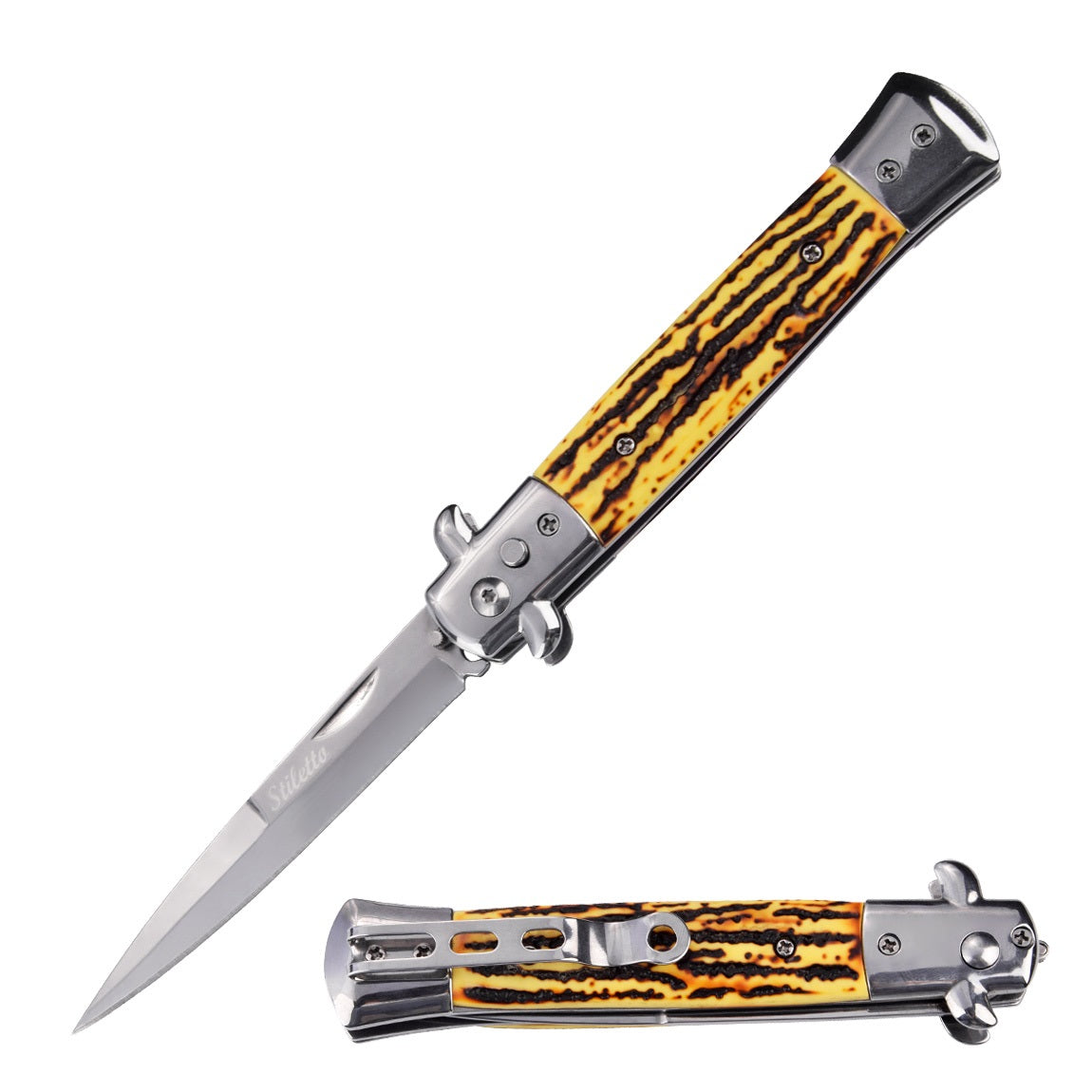 5" Closed Classic Stiletto Automatic Switch Blade Knife - Stag Handle - Tophatter's Guns'N'Weapons Store Collectible Weapons - Tophatter Daily Deals