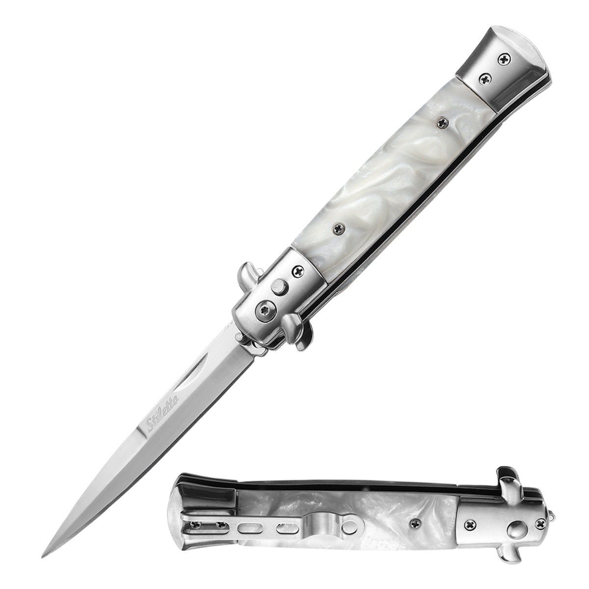 5" Closed Classic Stiletto Automatic SwitchBlade Knife - Mother Of Pearl - Tophatter's Guns'N'Weapons Store Collectible Weapons - Tophatter Daily Deals