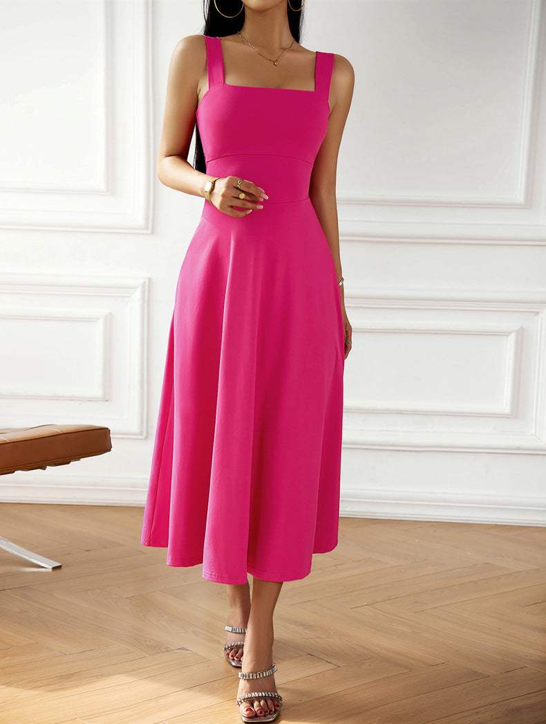 Square Neck Sleeveless Lace-Up Dress Hot Pink Casual Dresses - Tophatter Daily Deals