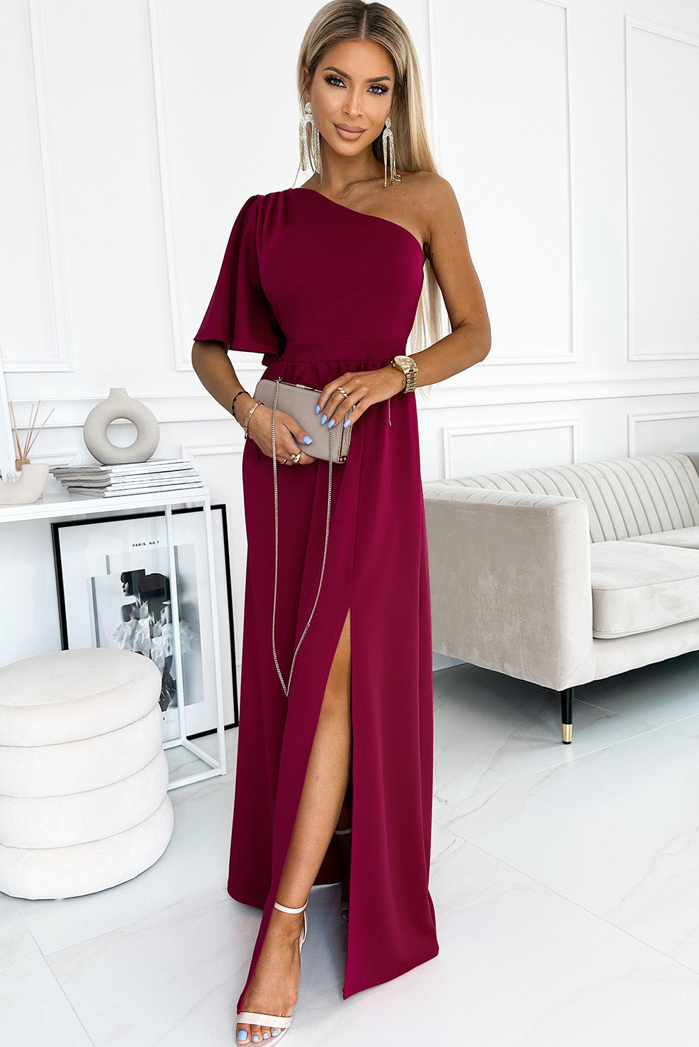 One shoulder Flutter sleeves Slit Dress - Tophatter Deals