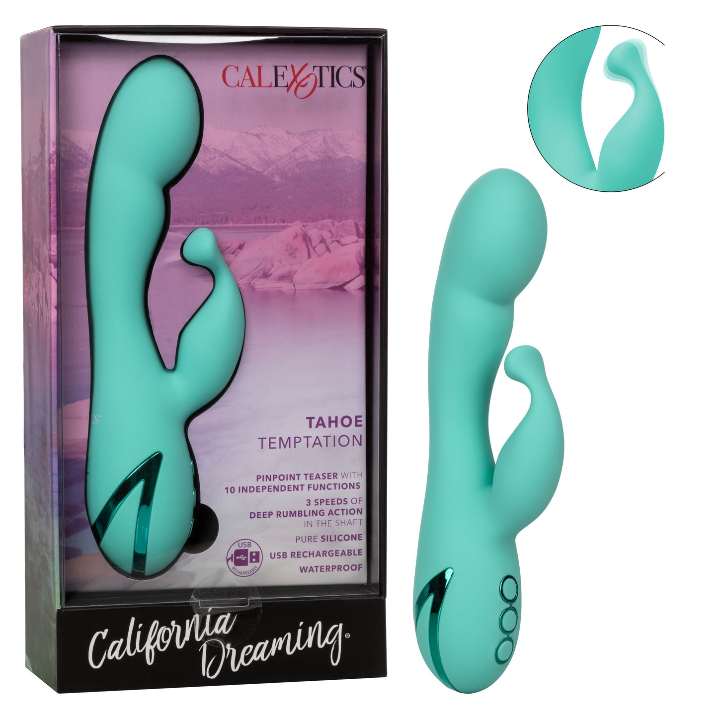 California Dreaming Tahoe Temptation Silicone Massager in Aqua Blue with Dual Vibration and Pinpoint Teaser > Vibrators > Ladies > Rabbit - Tophatter Daily Deals