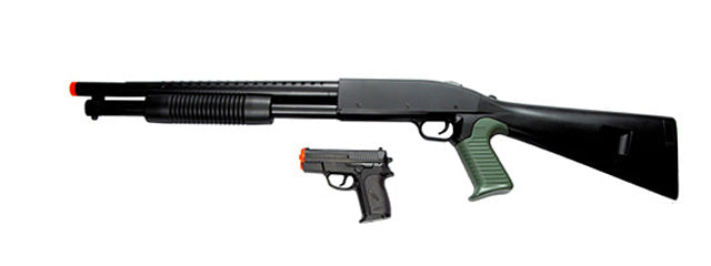 P799B Airsoft Spring Action Shotgun & Pistol Set Combo Black - TOPHATTER'S ARMORY DEALS Collectible Weapons - Tophatter Daily Deals