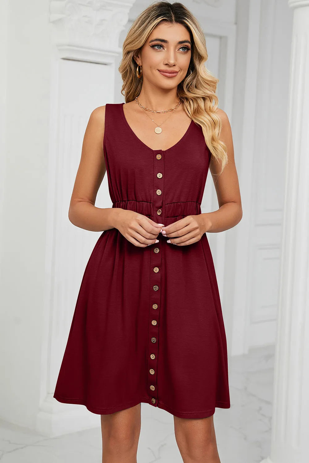 Buttoned Wide Strap Mini Dress Wine Casual Dresses - Tophatter Daily Deals