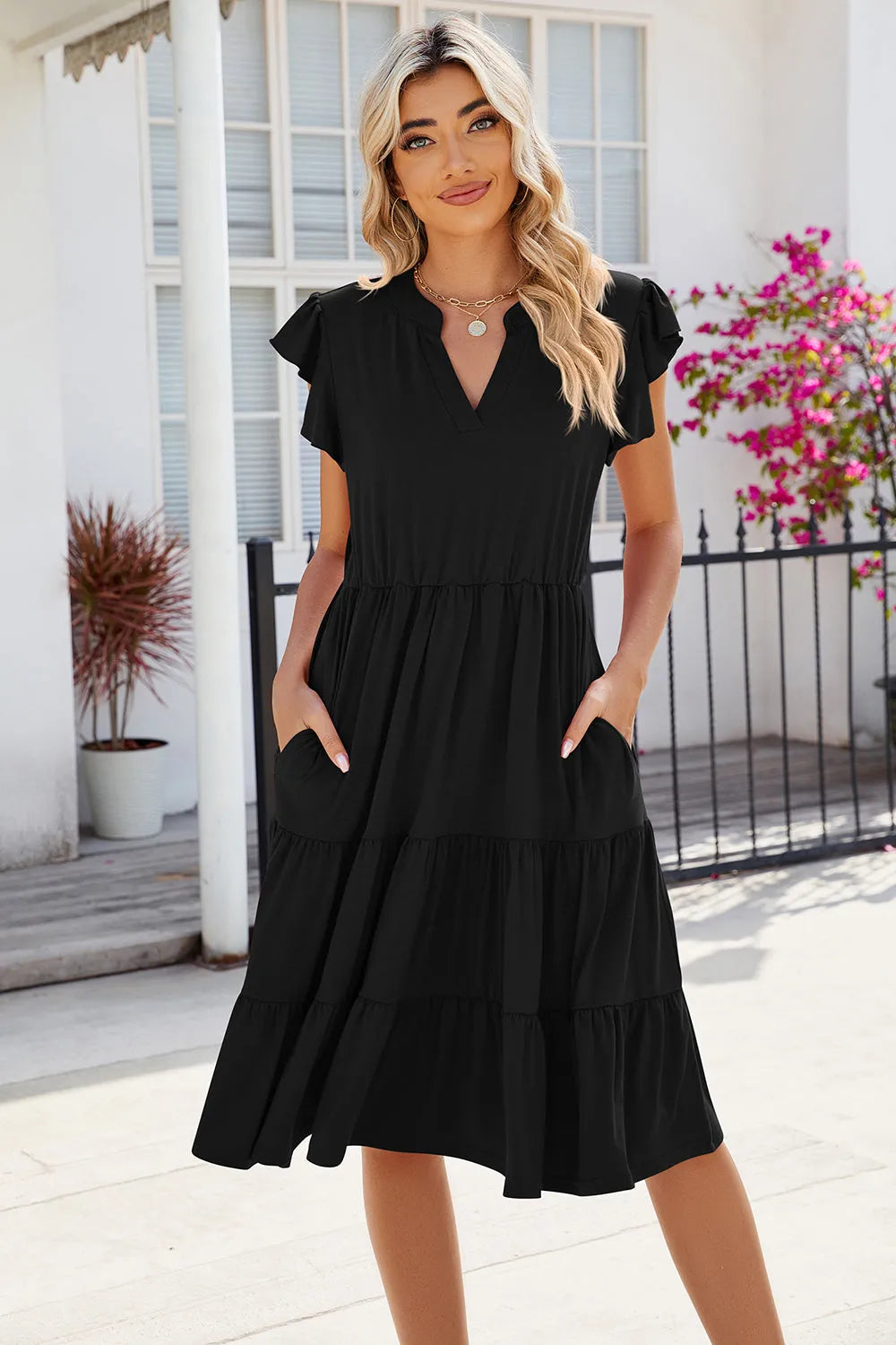 Ruched Notched Cap Sleeve Dress Black Casual Dresses - Tophatter Daily Deals