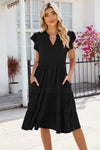 Ruched Notched Cap Sleeve Dress Black Casual Dresses - Tophatter Daily Deals