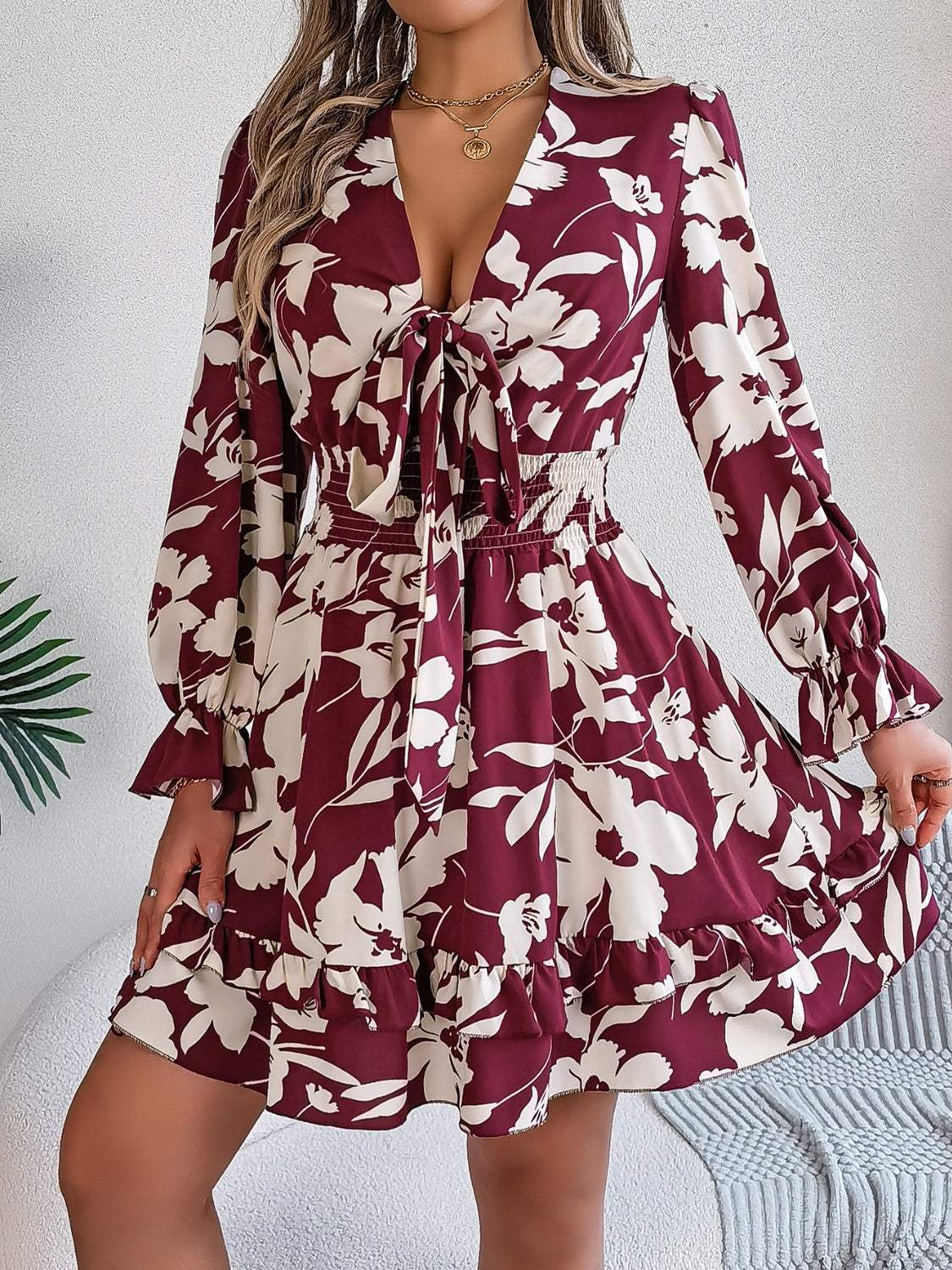 Tied Ruffled Printed Long Sleeve Dress Burgundy Casual Dresses - Tophatter Daily Deals