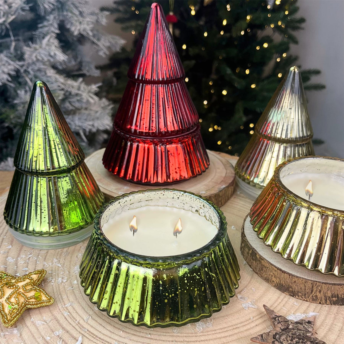 Glass Christmas Tree 2-wick Scented Candle | Christmas Candle Holder - 17cm Scented Candle - Tophatter Daily Deals