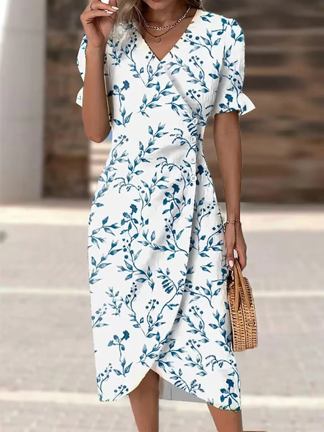 Full Size Printed Surplice Flounce Sleeve Midi Dress White Casual Dresses - Tophatter Daily Deals