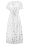 Sequin Leaf Embroidery Tie Front Short Sleeve Dress Cocktail Dresses - Tophatter Daily Deals