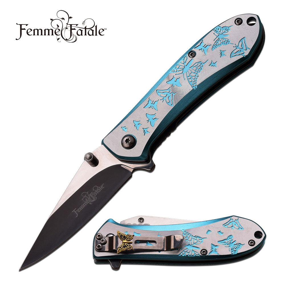 4 Inch Closed Butterfly Design Assisted Opening Knife Blue Silver Handle Collectible Weapons - Tophatter Daily Deals