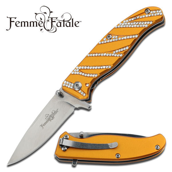 Femme Fatale Assisted Opening Knife - Rhinestone Inlay on Yellow Handle Collectible Weapons - Tophatter Daily Deals