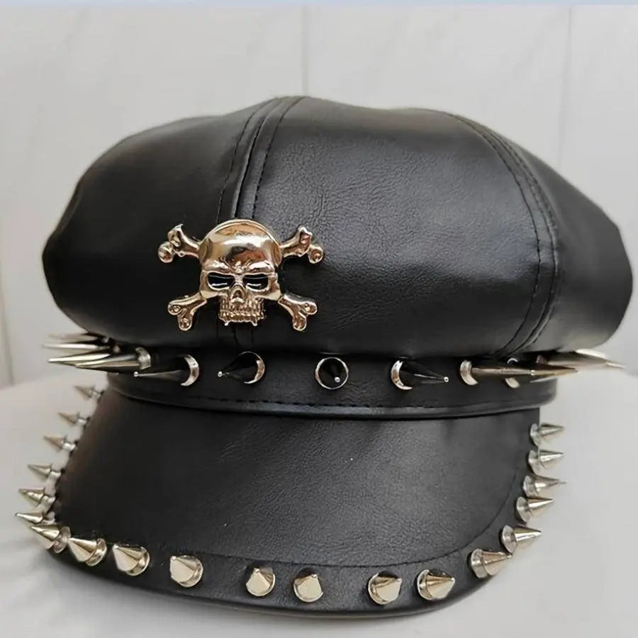 1PC Y2K Punk Rivet PU Leather Cap for Women - Adult Hip-Hop Dance Skull Hat, Inelastic Street Style Octagonal Cap for Halloween, No Feather, Stripe Craftsmanship - Tophatter Daily Deals