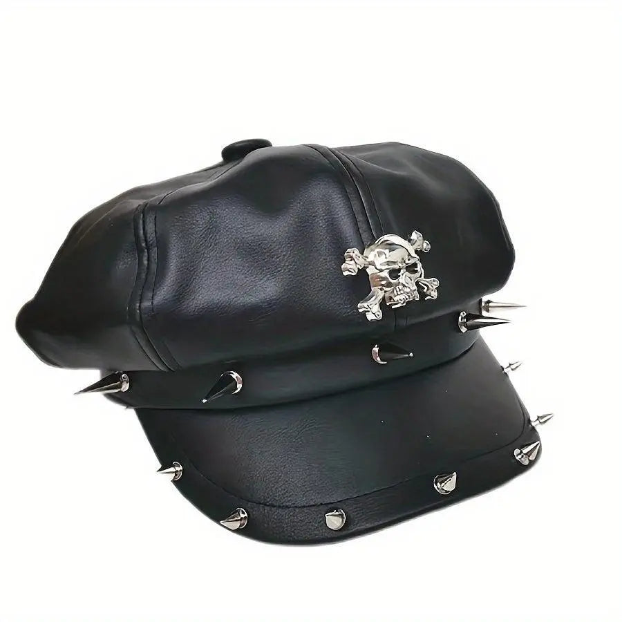 1PC Y2K Punk Rivet PU Leather Cap for Women - Adult Hip-Hop Dance Skull Hat, Inelastic Street Style Octagonal Cap for Halloween, No Feather, Stripe Craftsmanship - Tophatter Daily Deals