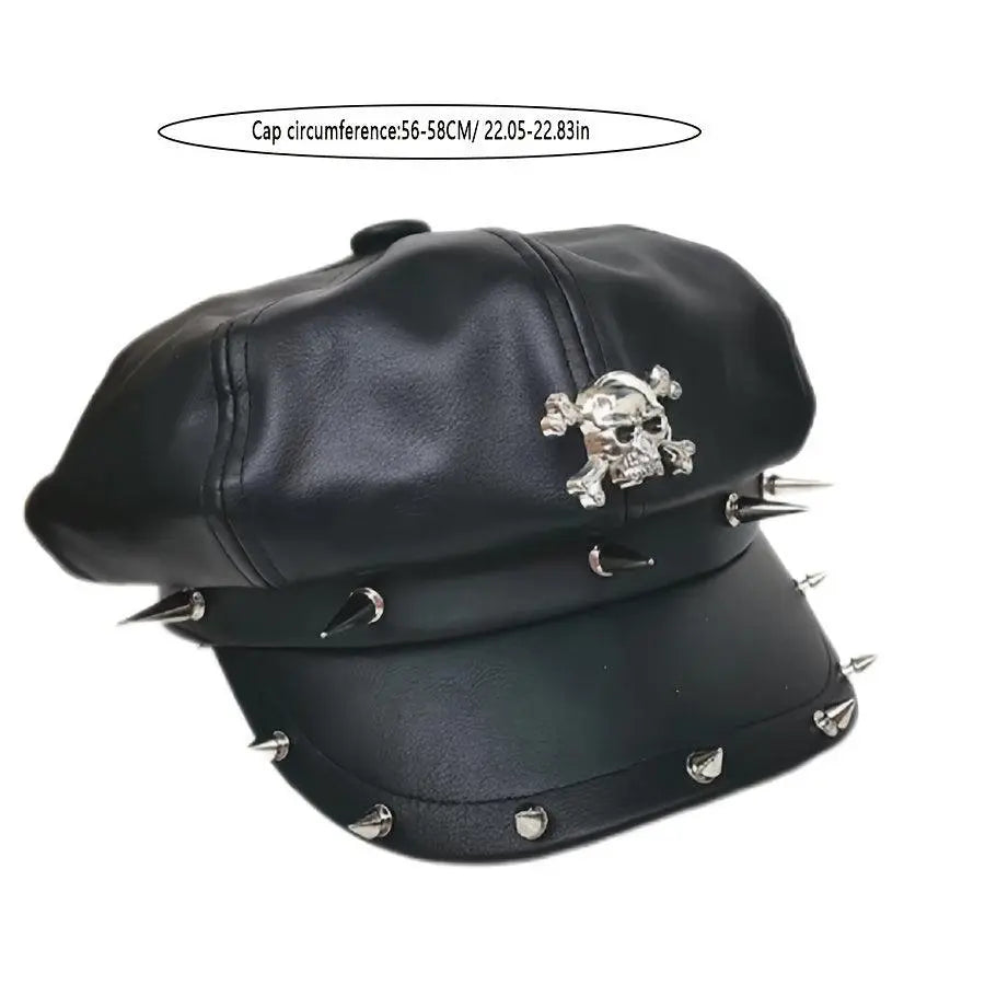 1PC Y2K Punk Rivet PU Leather Cap for Women - Adult Hip-Hop Dance Skull Hat, Inelastic Street Style Octagonal Cap for Halloween, No Feather, Stripe Craftsmanship Skull rivet hat - Tophatter Daily Deals