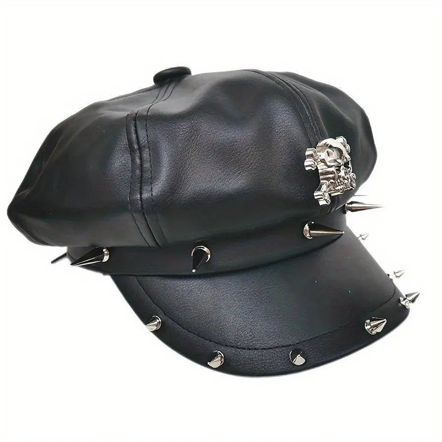 1PC Y2K Punk Rivet PU Leather Cap for Women - Adult Hip-Hop Dance Skull Hat, Inelastic Street Style Octagonal Cap for Halloween, No Feather, Stripe Craftsmanship - Tophatter Daily Deals