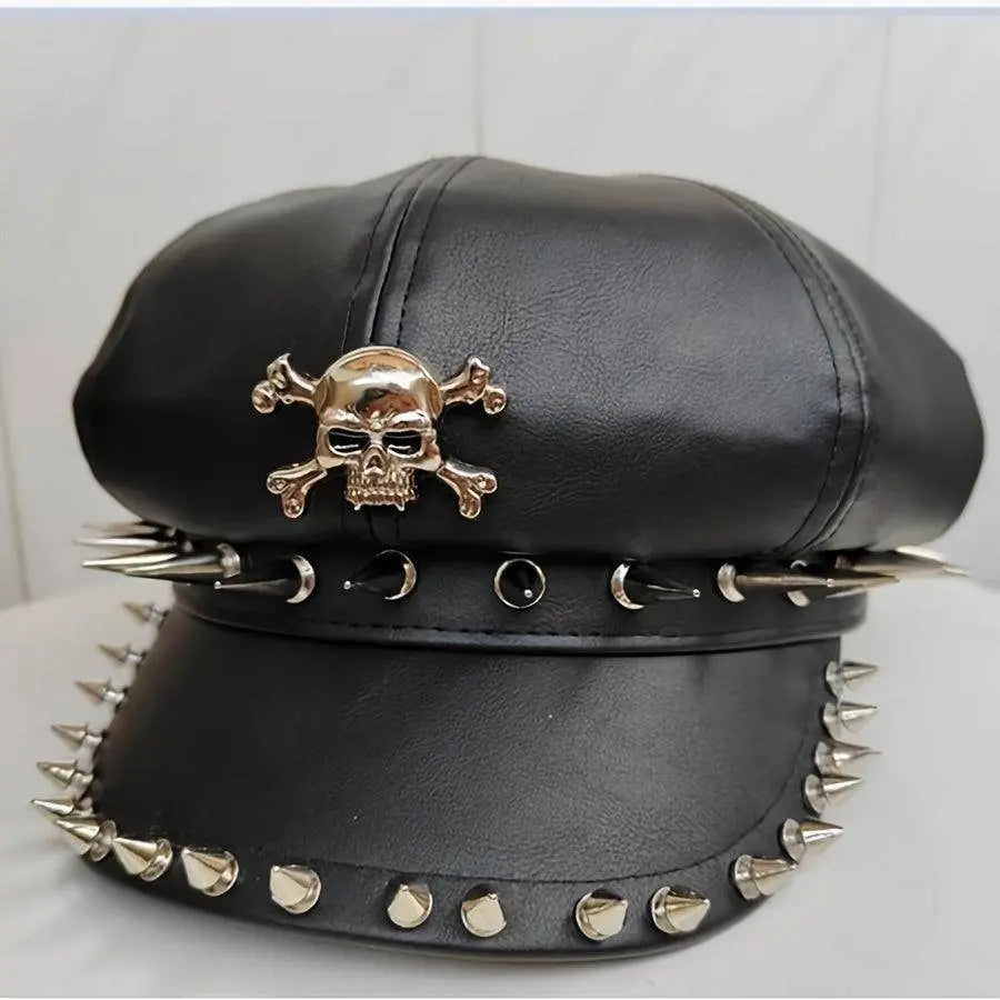 1PC Y2K Punk Rivet PU Leather Cap for Women - Adult Hip-Hop Dance Skull Hat, Inelastic Street Style Octagonal Cap for Halloween, No Feather, Stripe Craftsmanship - Tophatter Daily Deals