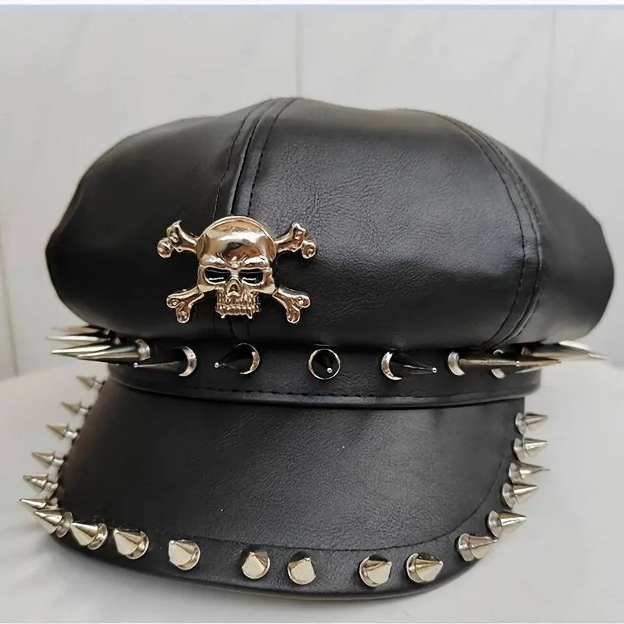 1PC Y2K Punk Rivet PU Leather Cap for Women - Adult Hip-Hop Dance Skull Hat, Inelastic Street Style Octagonal Cap for Halloween, No Feather, Stripe Craftsmanship - Tophatter Daily Deals