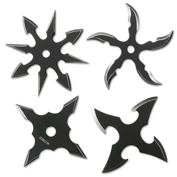 4pc Two Tone Black Stainless Steel Assorted Throwing Stars with Pouch - 2.5