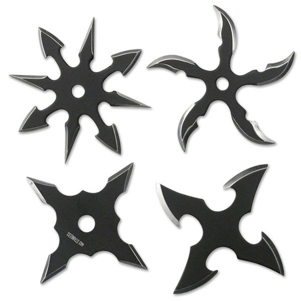 4pc Two Tone Black Stainless Steel Assorted Throwing Stars with Pouch - 2.5" Diameter - Tophatter's Guns'N'Weapons Store Collectible Weapons - Tophatter Daily Deals