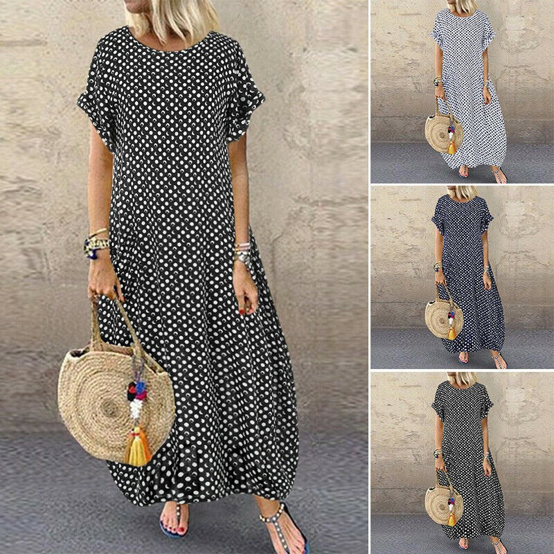 Summer Polka Dot Print Short Sleeve Plus Size Dress Maxi Dresses - Tophatter Daily Deals