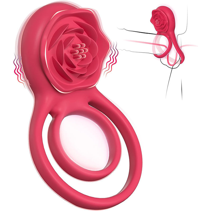 Acmejoy - 7 Vibrating Dual Loop Rose Cock Ring Red Penis Rings - Tophatter Daily Deals