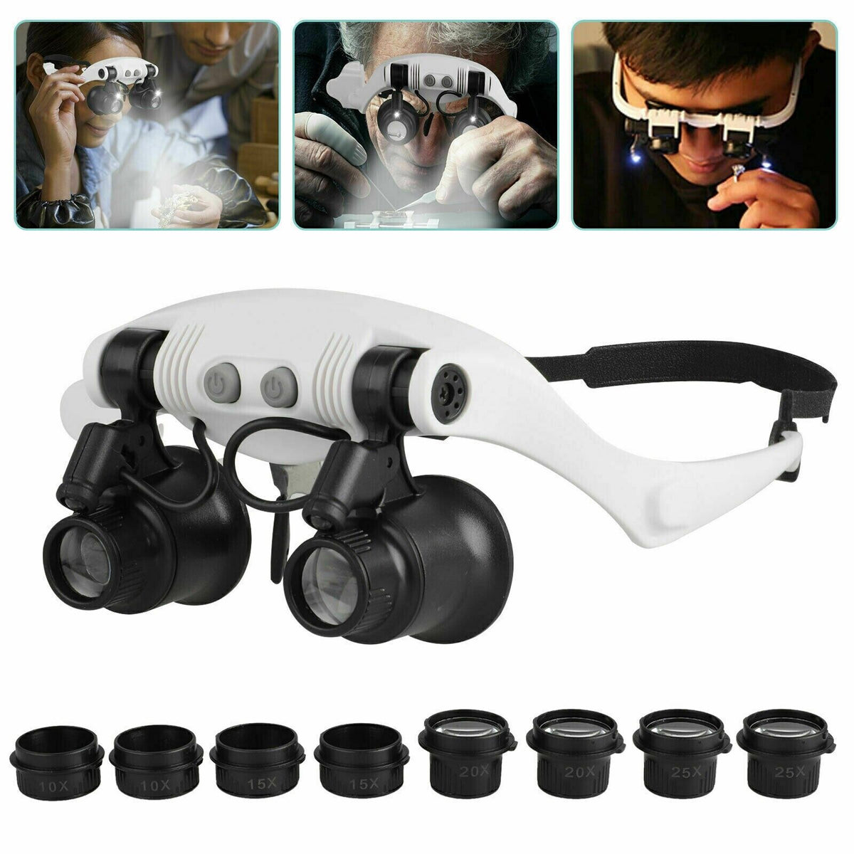 Headband Magnifier LED Jeweler Glasses With 8 Lenses - Tophatter Daily Deals