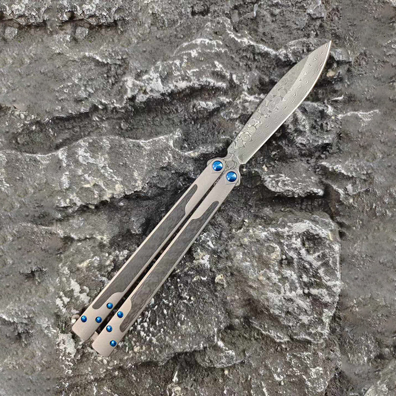 THEONE Titanium & Carbon Fiber Damascus Butterfly Knife - Tophatter Daily Deals