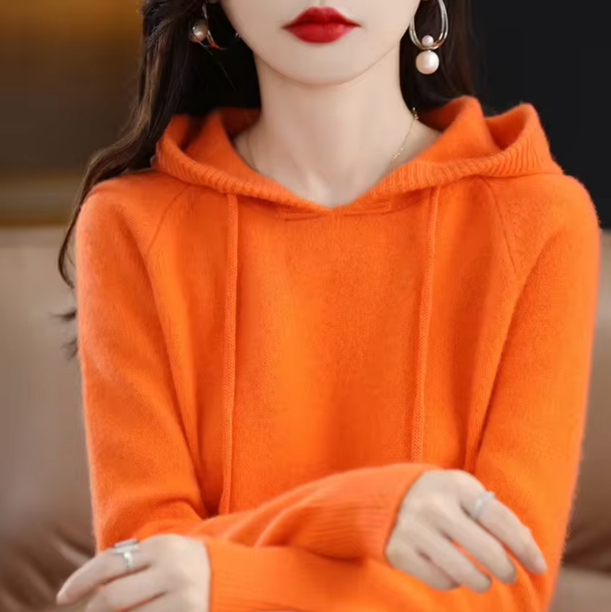 Warm Cozy Womens Knit Hoodie - Relaxed Fit, Soft Knit Orange - Tophatter Daily Deals